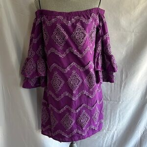 Boston Proper Purple Metallic Lace Detail Off Shoulder Shift Dress